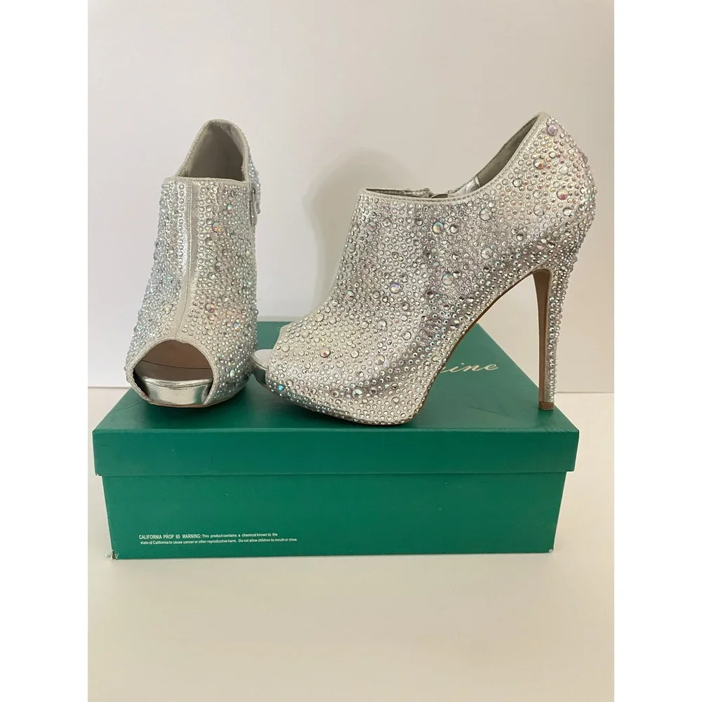 Lauren Lorraine Silver Rhinestone Peep Toe Booties Stiletto Formal Heels Size 8